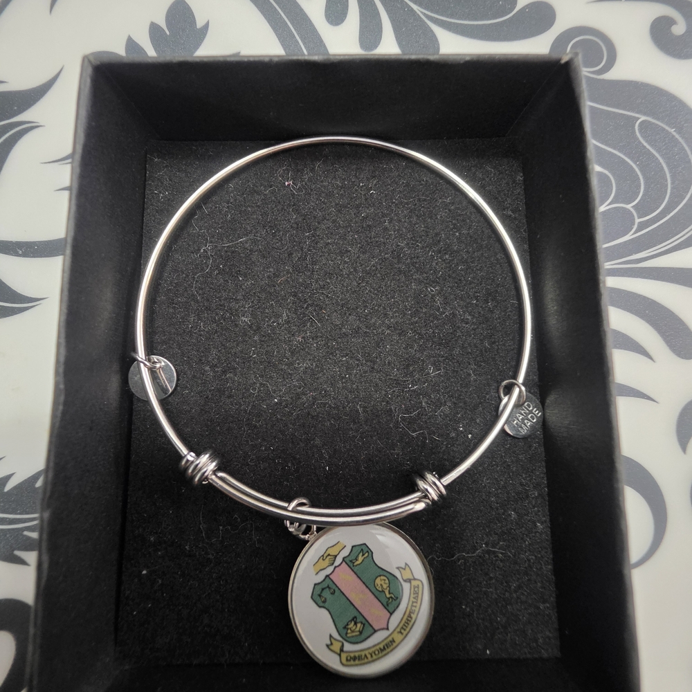 Silver-tone Sorority Crest Charm Bangle Bracelet - Pink & Green